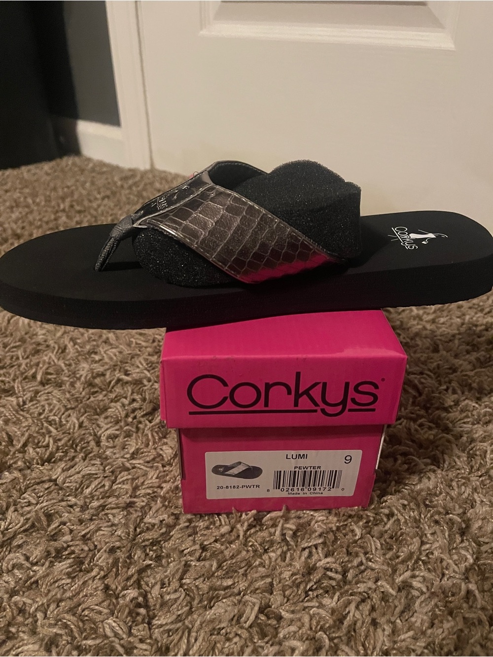 Corkys Metallic Pewter and Black Foam Flip Sandal